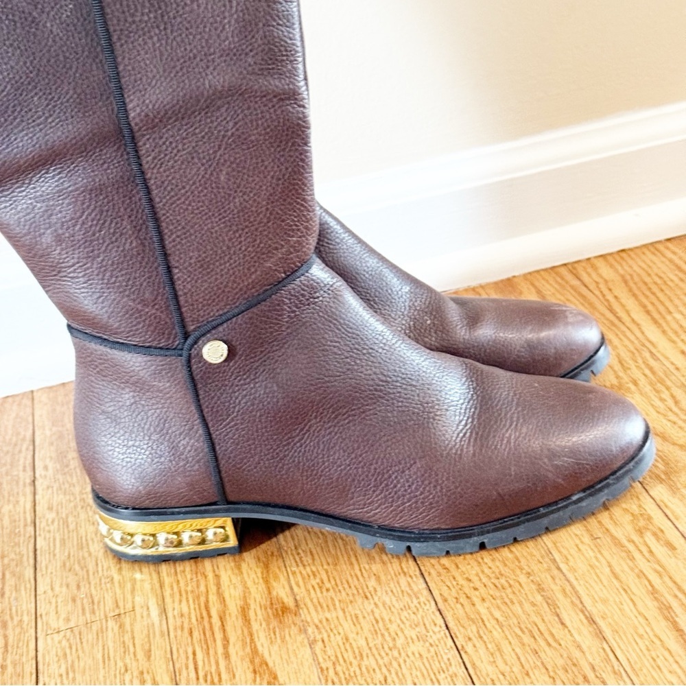 KARL LAGERFELD Seine Metal Pearl Embellished Knee-High Leather Boots Brown 8 - Picture 4 of 14